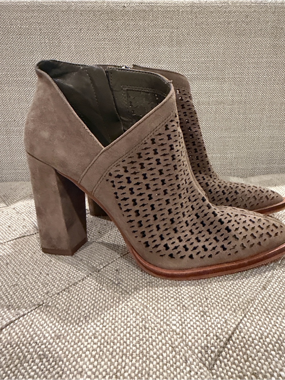 Vince Camuto Taupe Perforated Suede Block Heel Booties